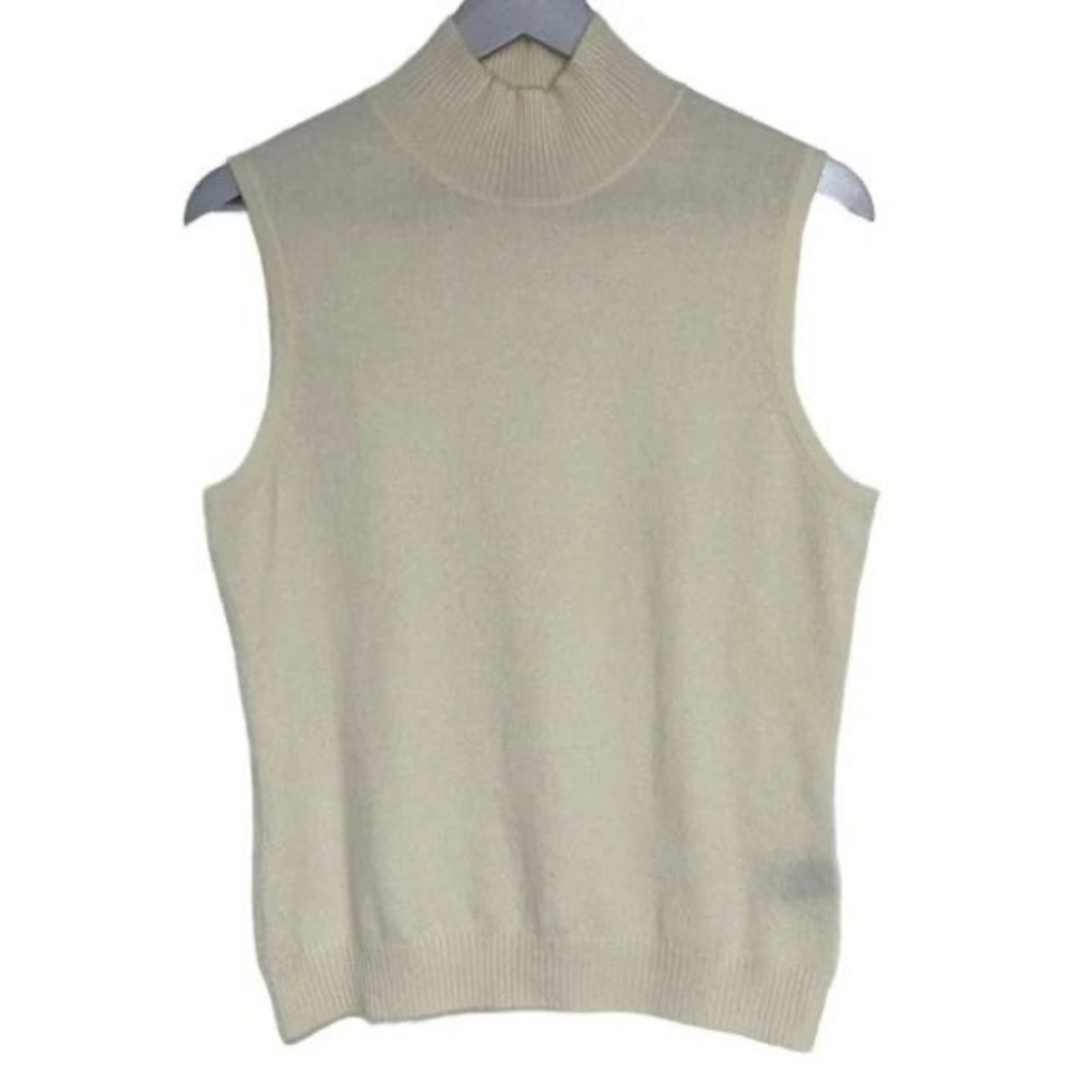 Privé Cashmere Sweater Vest L Cream Mock Neck Sleeveless 100% Cashmere Shell